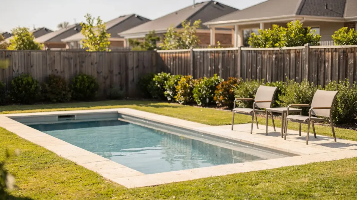 Garten mit Pool und Nachbargrundstück als Motiv zum Thema Poollärm beim Nachbarn und Lärmgrenzen