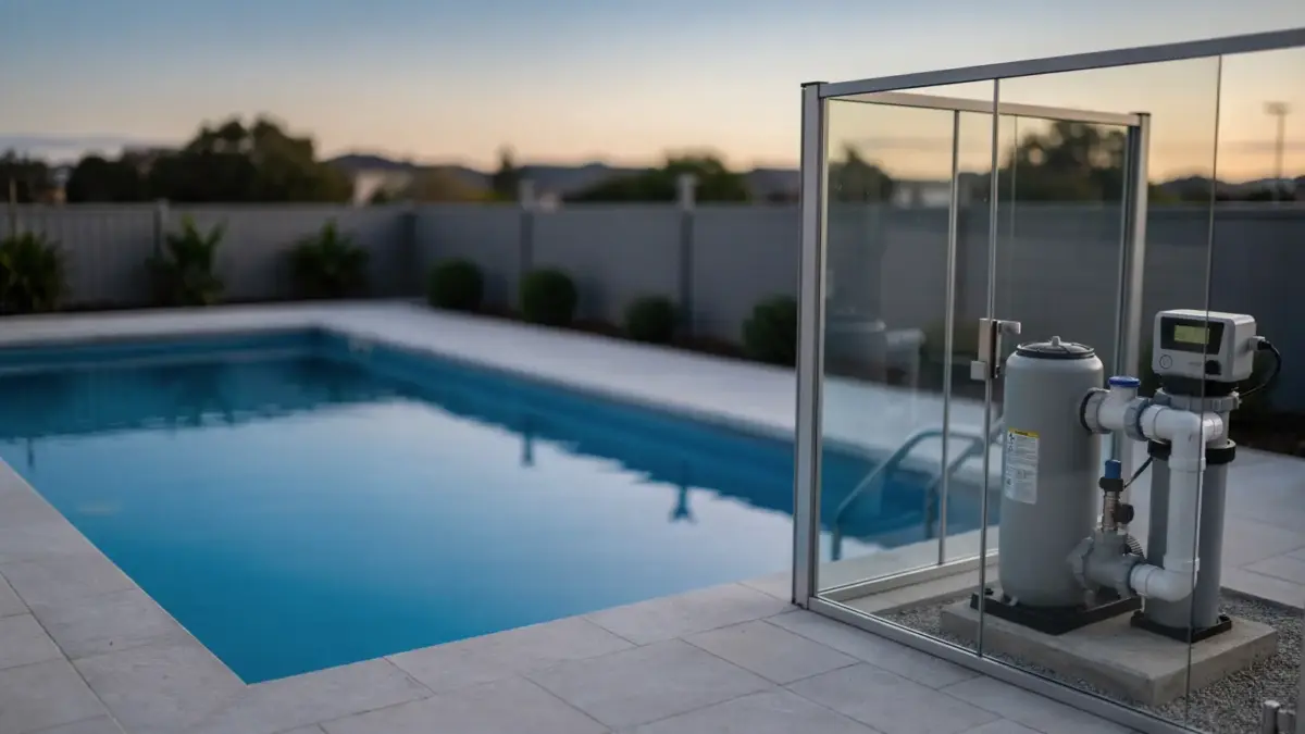 Poolpumpe neben einem privaten Schwimmbad bei Nacht zum Thema erlaubte Betriebszeiten