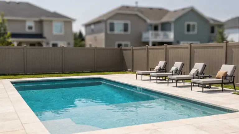 Gepflegter Gartenpool mit Zaun und Nachbarhäusern zum Thema Nachbarrechte beim Pool