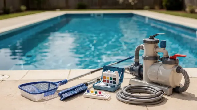 Pool in Betrieb nehmen: Pool mit Reinigungszubehör und Technik bei der Frühjahrsöffnung