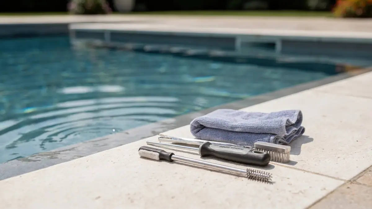 Pool-Wasserlinie beim Pool-Start mit Reinigungstuch und Prüftool am Beckenrand