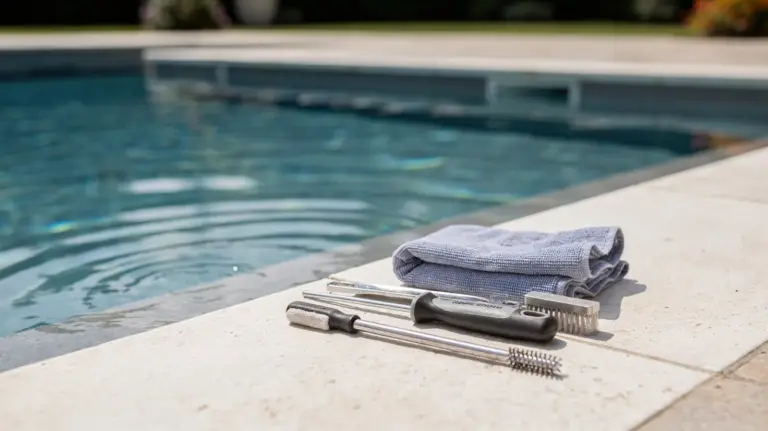 Pool-Wasserlinie beim Pool-Start mit Reinigungstuch und Prüftool am Beckenrand
