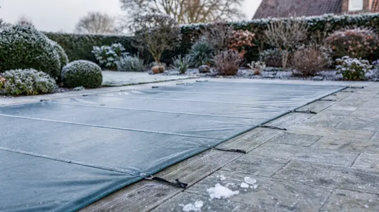Abgedeckter Pool im Winter mit Frostschutz gegen Schmutz und Algen