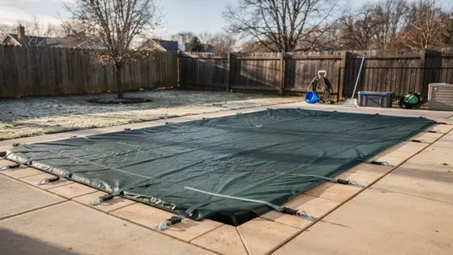 Winterabdeckung Pool auf einem abgedeckten Gartenpool zum Einwintern