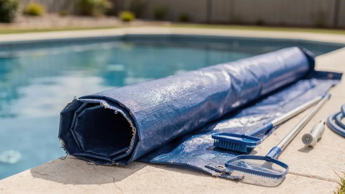 Defekte Solarfolie am Pool mit sichtbaren Rissen und abgenutzten Kanten neben dem Schwimmbecken