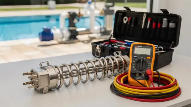 Defekter Pool-Heizstab auf Werkbank mit Multimeter und Pooltechnik