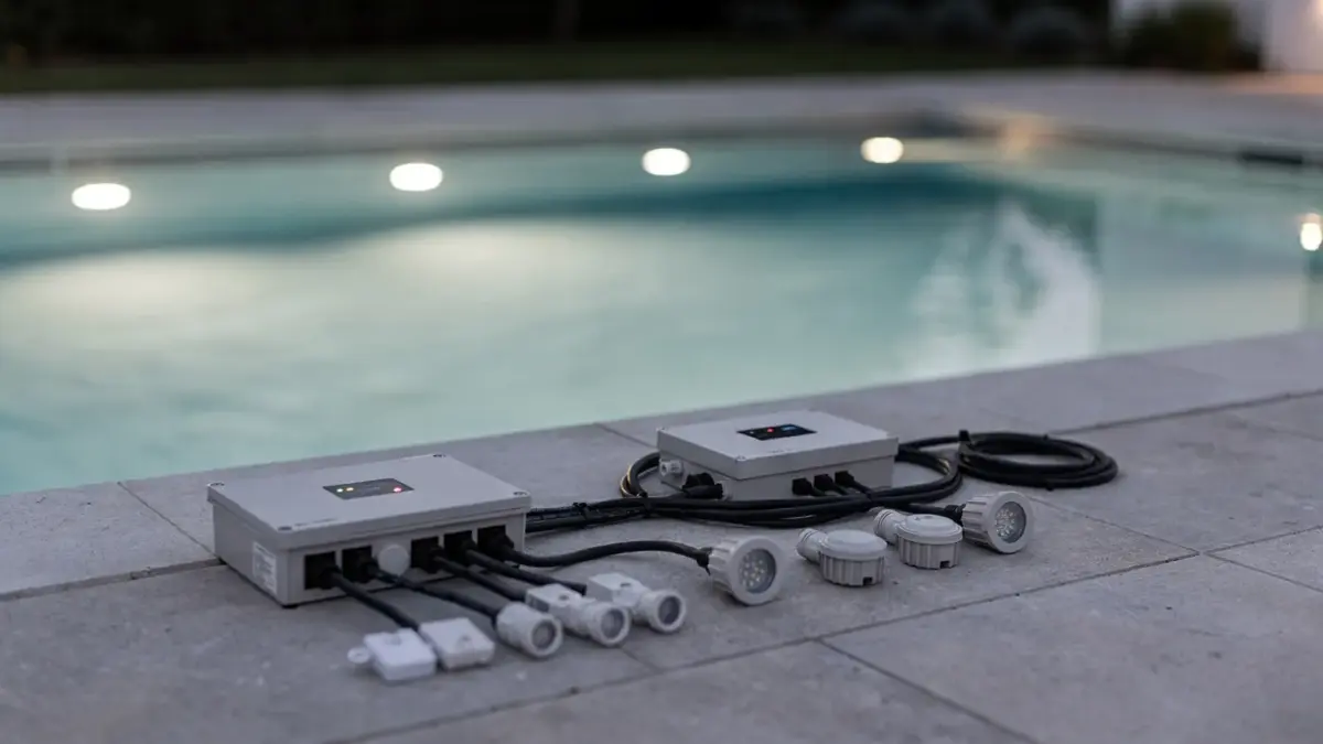 Poolbeleuchtung mit LED-Unterwasserlampen, Steuerbox und Zubehör am Beckenrand