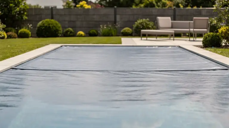 Abgedeckter Privatpool im Garten als Motiv zur Pflicht der Poolabdeckung in Deutschland