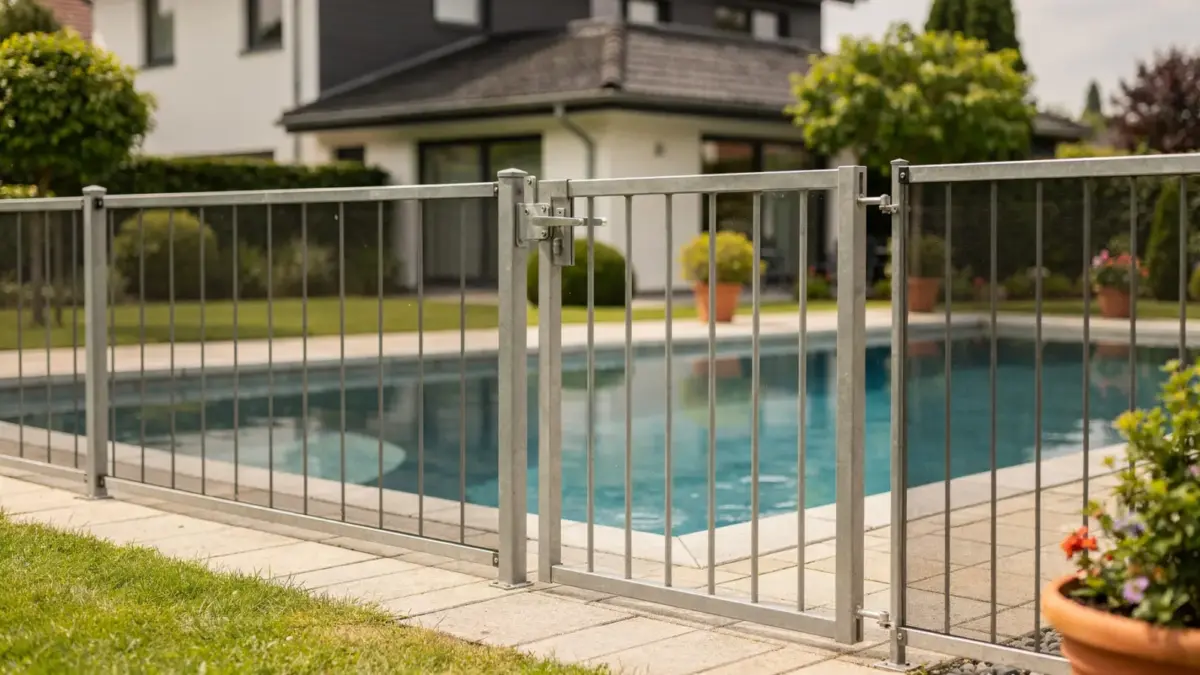 Gesicherter Privatpool mit Poolzaun im Garten als Thema zur Poolzaun-Pflicht in Deutschland