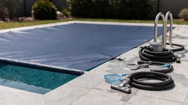Salzwasserpool im Winter richtig einwintern: abgedeckter Pool und Pooltechnik bei der Wintervorbereitung