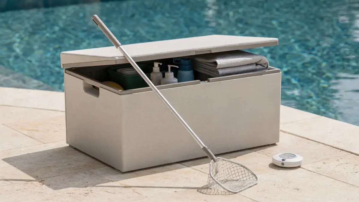 Aufbewahrungsbox für Poolzubehör neben dem Pool mit ordentlich verstautem Zubehör