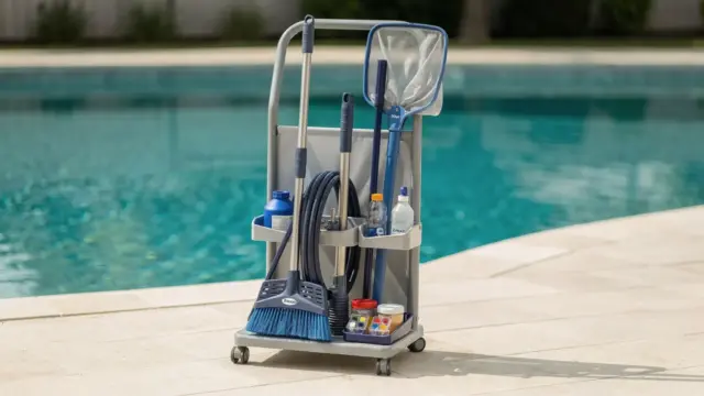 Geräteständer für den Pool mit Reinigungswerkzeug und Zubehör neben dem Becken