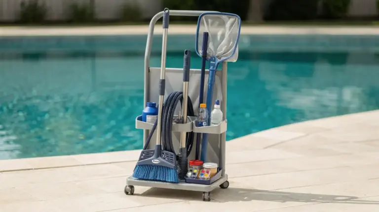 Geräteständer für den Pool mit Reinigungswerkzeug und Zubehör neben dem Becken