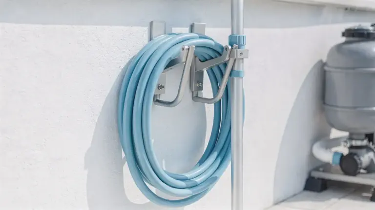 Halterung für Poolschlauch und Stange an der Poolwand mit Schlauch, Stange und Befestigungsteilen