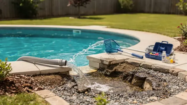 Poolwasser entsorgen im Garten mit Schlauch und Entwässerung, passend zu Regeln und Kanal