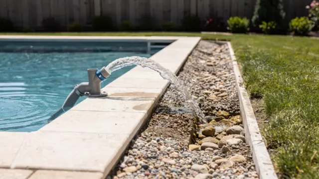 Poolwasser einleiten: Gartenschlauch leitet Wasser aus einem Schwimmbecken in eine Entwässerungsfläche