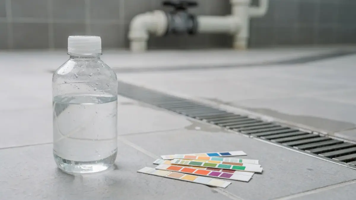 Poolwasser-Test im Wartungsbereich mit Ablaufkanal – Thema: Chlorwasser ins Abwasser