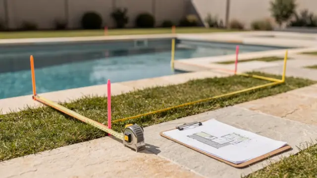 Planung eines Pools mit Maßband und markierter Fläche im Garten