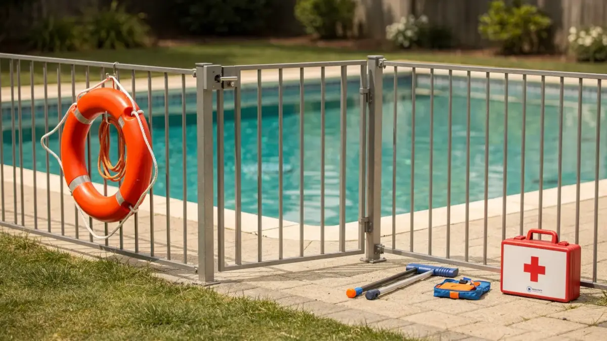 Pool-Kindersicherheit: gesicherter Pool mit Zaun, verschlossener Tür und Rettungsring