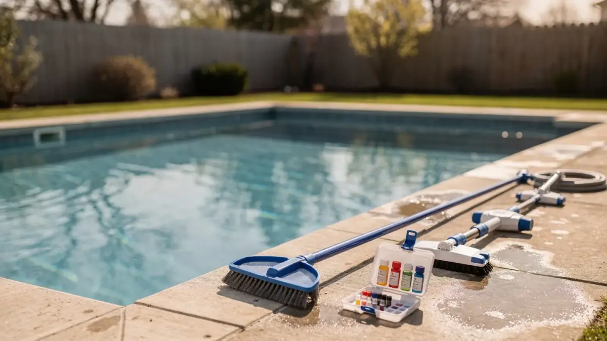 Poolpflege bei der Frühjahrsöffnung mit Skimmer, Testkit und Bürste am Beckenrand