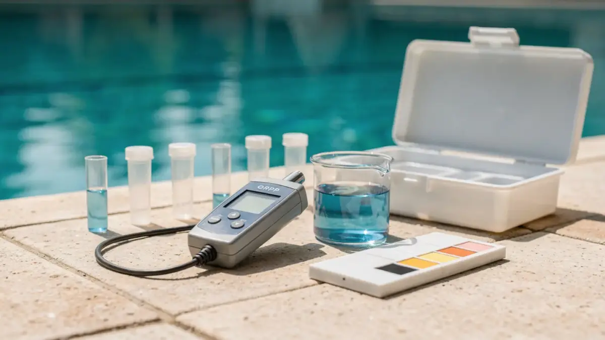Redoxmessung im Pool mit Messgerät und Wasserprobe zur Kontrolle des Redoxwerts