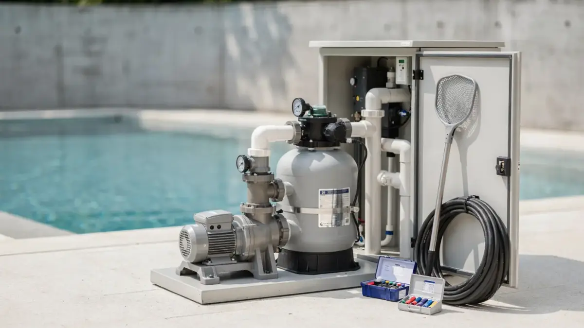 Pooltechnik warten: Filteranlage, Pumpe und Manometer im Technikraum am Schwimmbad