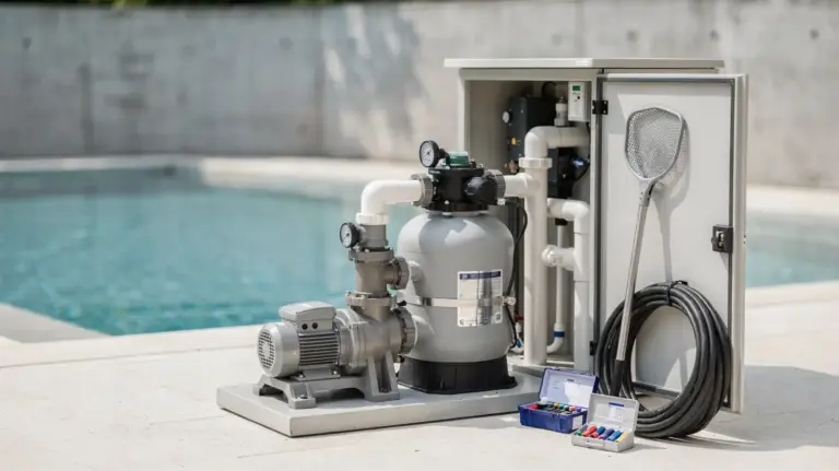 Pooltechnik warten: Filteranlage, Pumpe und Manometer im Technikraum am Schwimmbad
