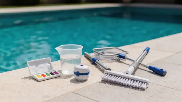 Pool mit Chlor desinfizieren: Testkit, Dosierbecher und Schwimmbadzubehör am Beckenrand