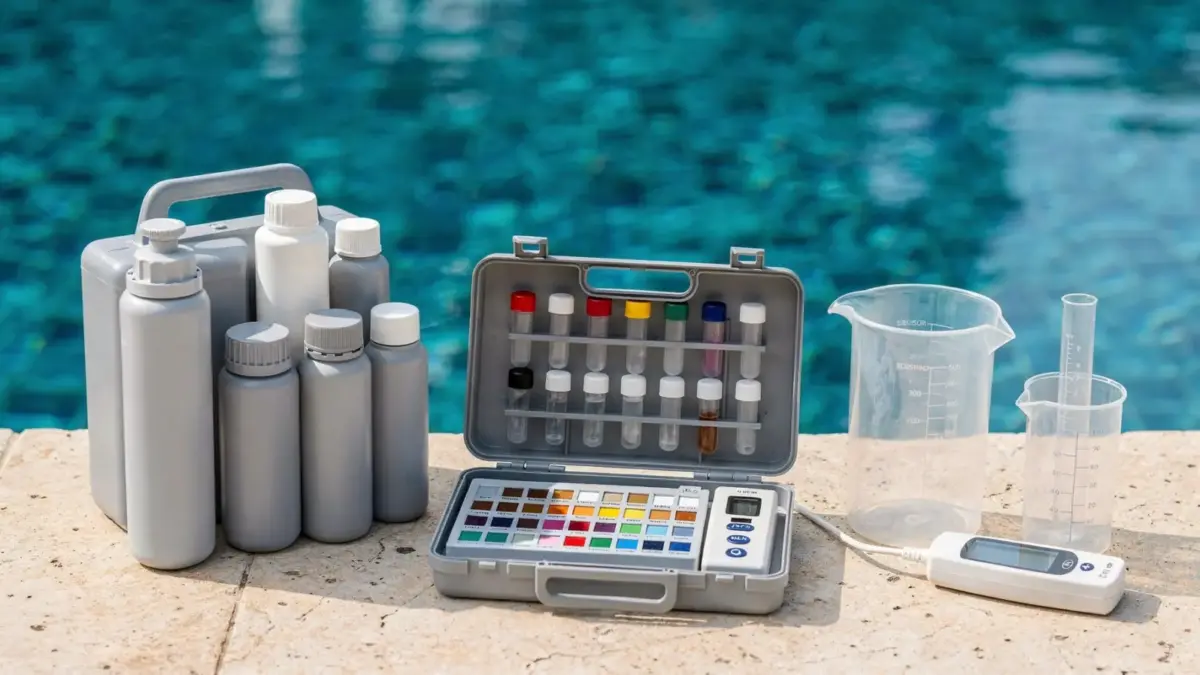 Chlordosierung am Pool mit Testkit und Messwerkzeug zur Wasserpflege
