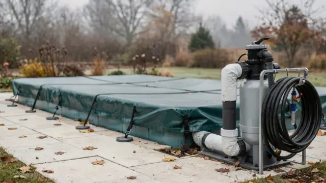 Abgedeckter Pool mit winterfester Technik und Frostschutz zum Thema Pool überwintern