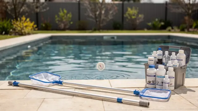 Pool-Wasserpflege nach dem Winter mit Reinigungswerkzeug und klarer Wasseroberfläche am Beckenrand