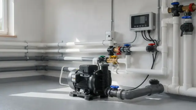Pooltechnik im Technikraum mit Pumpe, Rohrleitungen und Steuerung zur Lautstärke im Betrieb