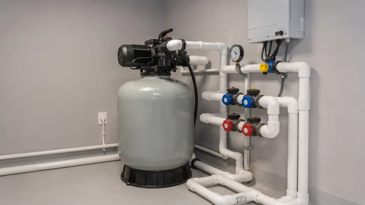 Pooltechnik installieren: Filterpumpe, Rohrleitungen und Steuerung in einem Technikraum