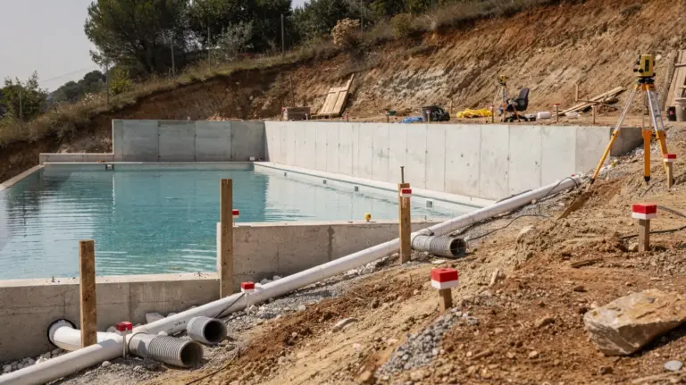 Hanggeländer mit Pool-Baustelle, Statik und Entwässerung bei der Planung eines Pools in Hanglage