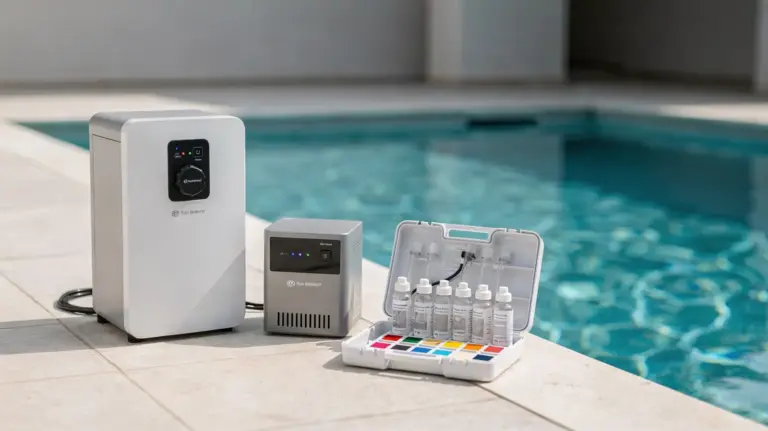 Pool-Desinfektion ohne Chlor: Testkit, UV-C-Anlage und Salzelektrolyse am Beckenrand