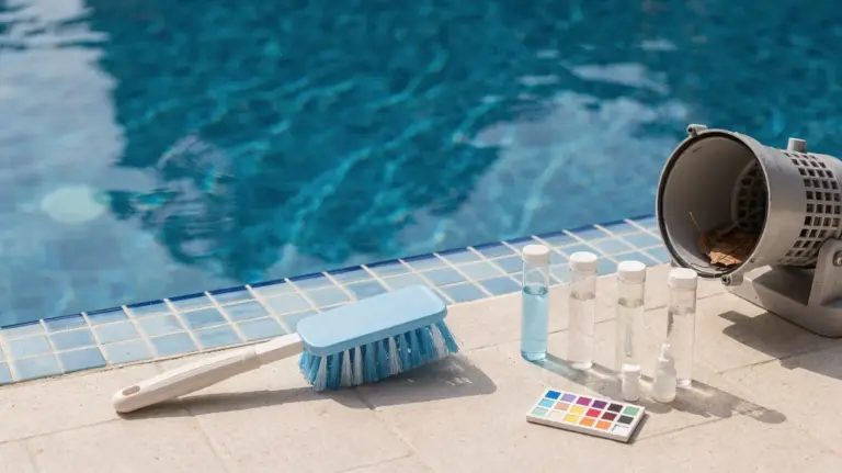 Poolpflege mit Bürste und Teststreifen zur Vorbeugung und Entfernung von Biofilm im Pool