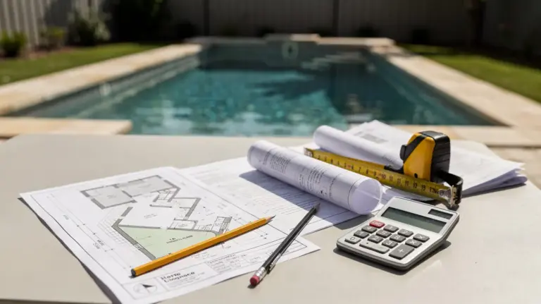 Unterlagen für Pool-Genehmigungskosten mit Bauplan, Maßband und Pool im Garten