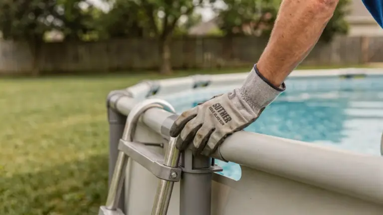 Pool-Sicherheitsprüfung nach dem Aufbau: Kontrollierte Leiter, Rand und Zaun am aufgestellten Pool