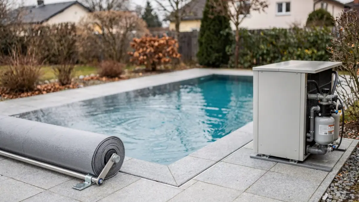 Außenpool mit Wärmepumpe, Abdeckung und Technik für die ganzjährige Nutzung