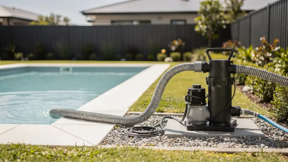 Poolwasser entsorgen: Schlauch an einem Gartenpool zur kontrollierten Entwässerung