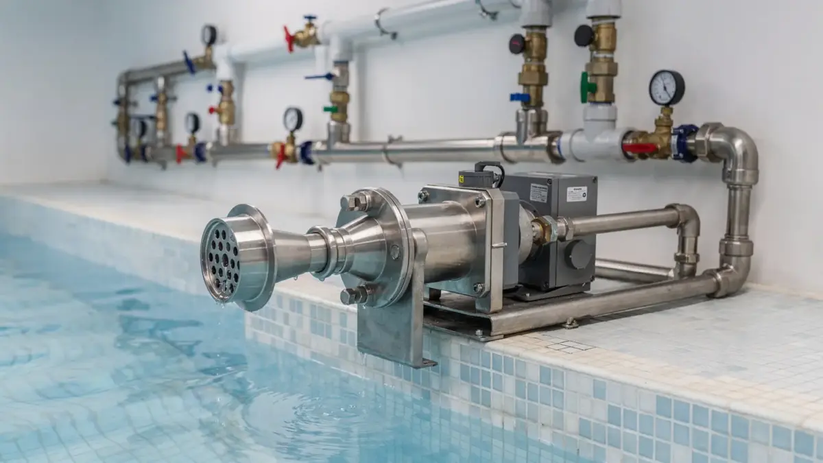 Gegenstromanlage im Technikraum eines Pools mit Pumpen, Rohren und Edelstahl-Anschlüssen