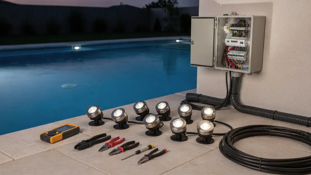 Techniker beim Einbau von Poolbeleuchtung an einem Swimmingpool mit Kabeln und Leuchten