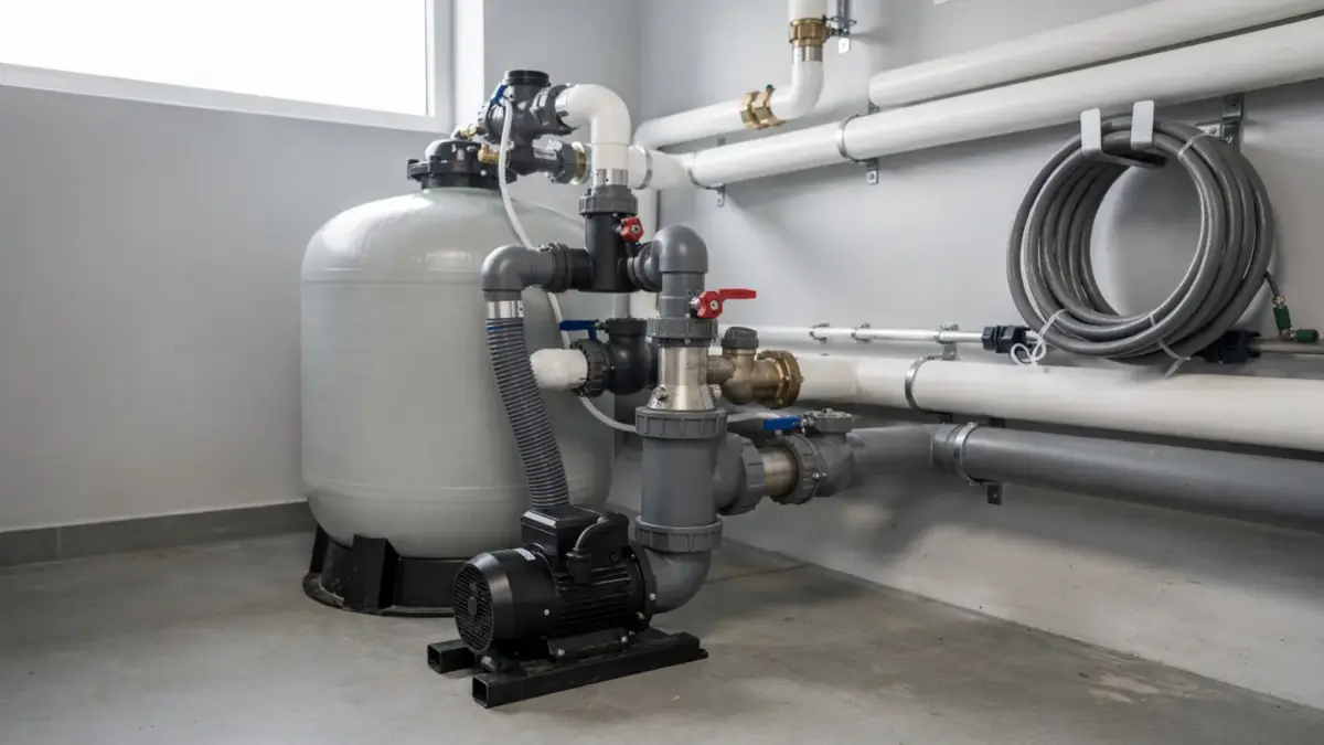 Pooltechnik mit Pumpe, Filter und Leitungen zum Frostschutz winterfest vorbereitet