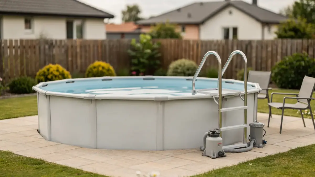 Aufstellpool im Garten mit Leiter und Filterpumpe als Beispiel zur Definition eines Aufstellpools