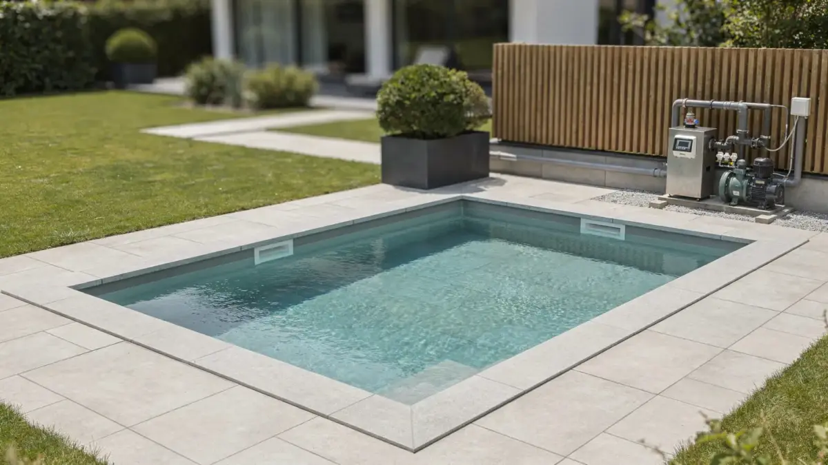 Einbaupool im Garten mit Becken, Randsteinen und Technikbereich als Beispiel zum Thema Einbaupool.