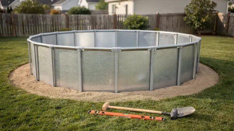 Stahlwandpool im Garten mit Metallwand, Aufbau und Installationsmaterial