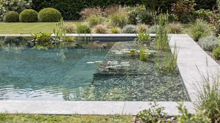 Naturpool mit Pflanzenzone und klarer Wasserfläche im Garten als Beispiel für die Unterschiede zum klassischen Pool.