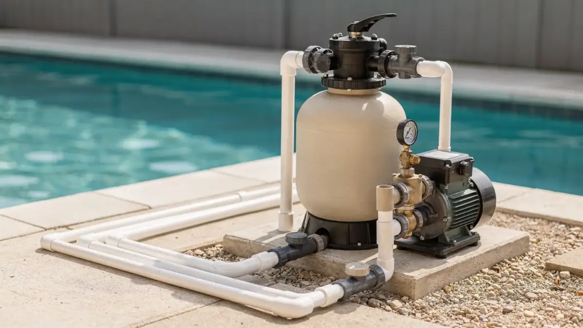 Pool-Filteranlage mit Pumpe und Sandfilter neben einem Gartenpool zur Auswahl der passenden Technik