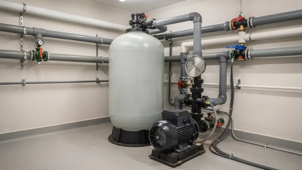 Pool-Umwälzanlage mit Pumpe, Filter und Rohrleitungen in einem Technikraum
