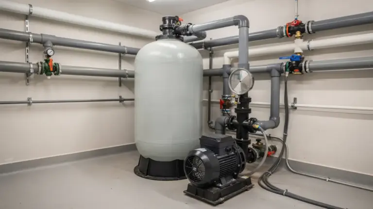 Pool-Umwälzanlage mit Pumpe, Filter und Rohrleitungen in einem Technikraum
